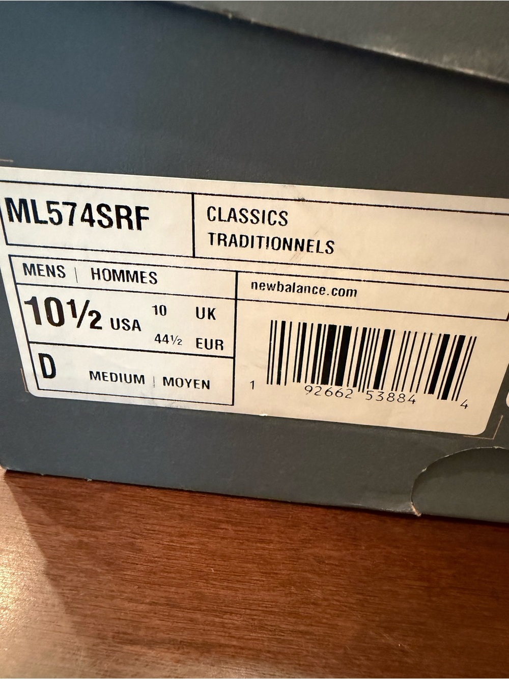 New Balance ML574SRF Box Label in Gray and White